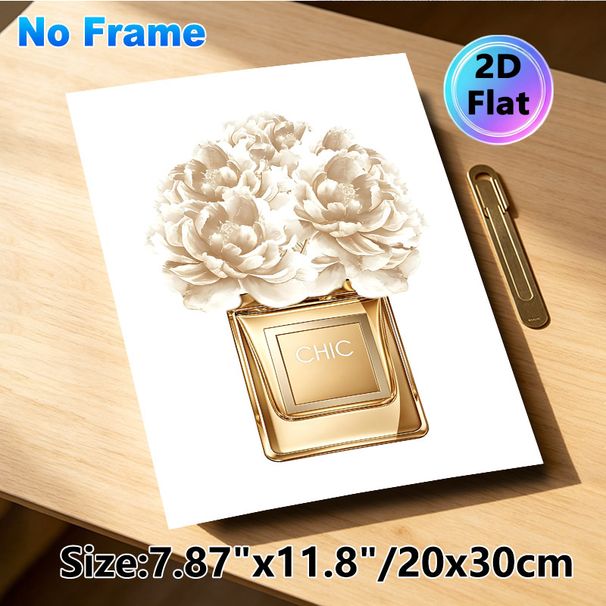 Chic Perfume Bottle With Peonies Painting Poster, Elegant Gilded Floral Poster, Refined Decorative Piece Suitable For Bedroom, Vanity Space_maomaolike.com