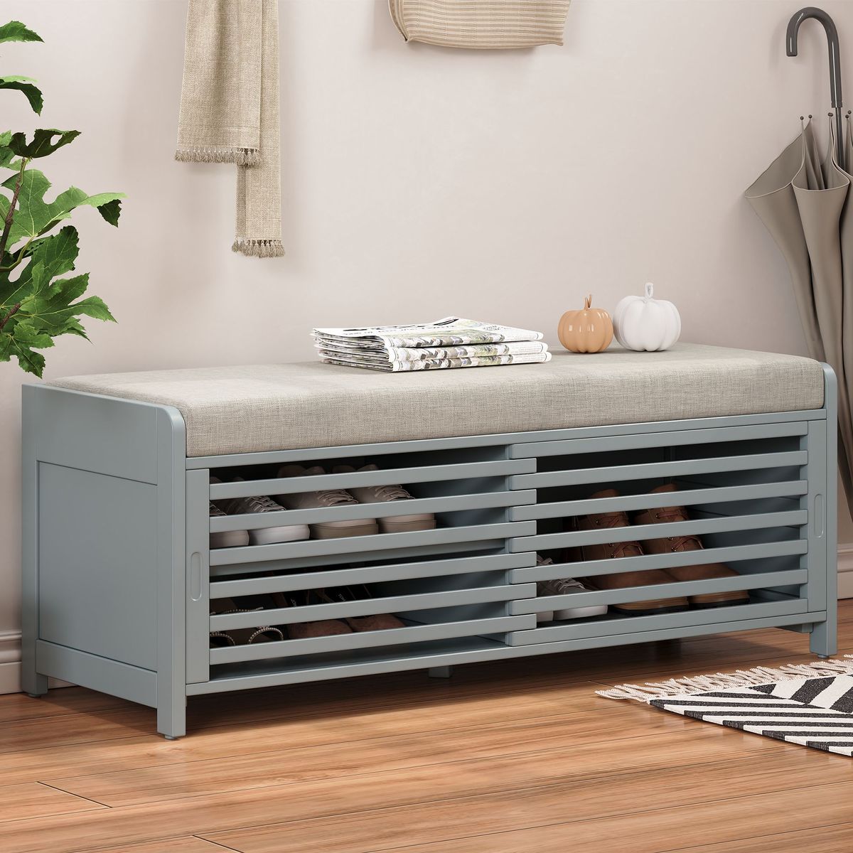 Distressed Shutter Storage Bench With Acacia Veneer For Retro Charm For Living Room,Entryway_maomaolike.com