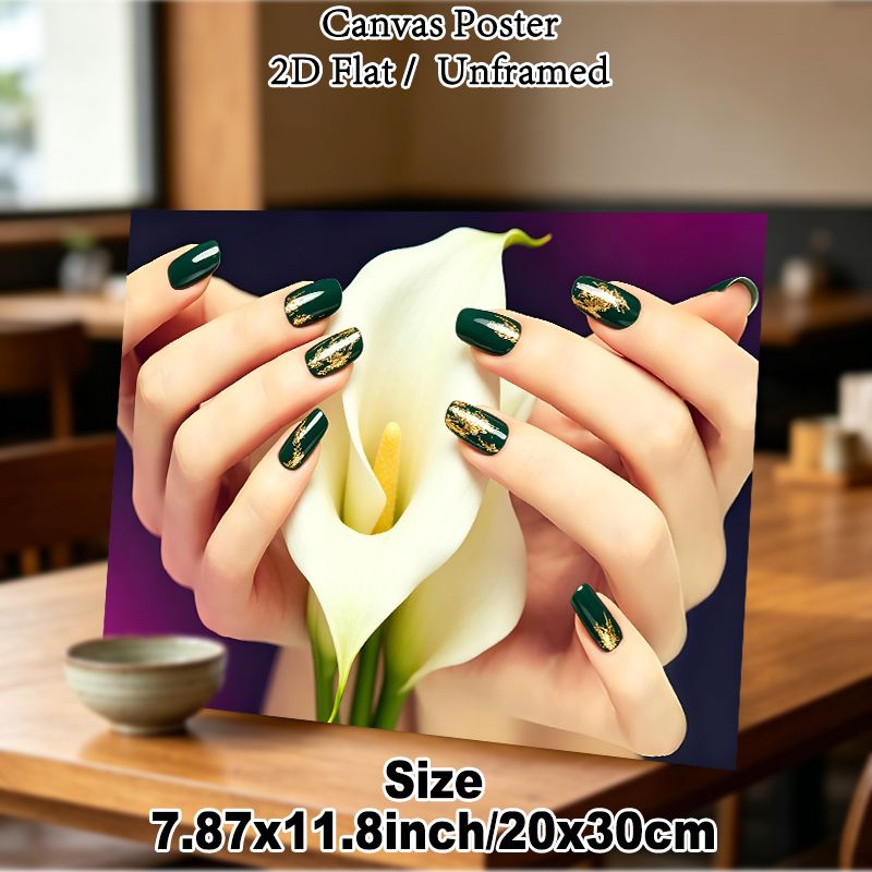 Nail Art & Calla Lily Painting Poster, Elegant Glossy Dark Green Nail Art With Gold Foil Accents & White Calla Lily Poster, Stylish Decorative Piece_maomaolike.com