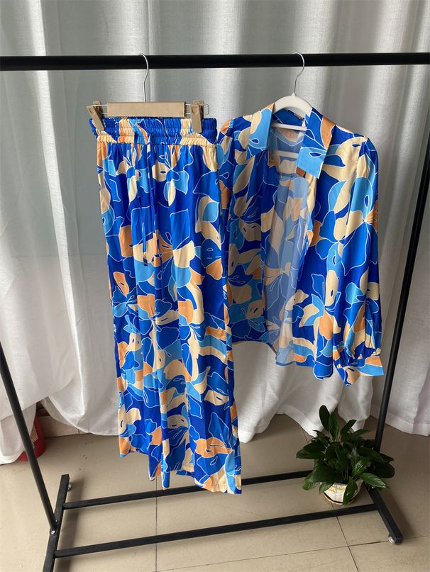 Women's Clothing new fashion printed bubble long-sleeved shirt lace-up wide-leg pants two-piece suit_maomaolike.com