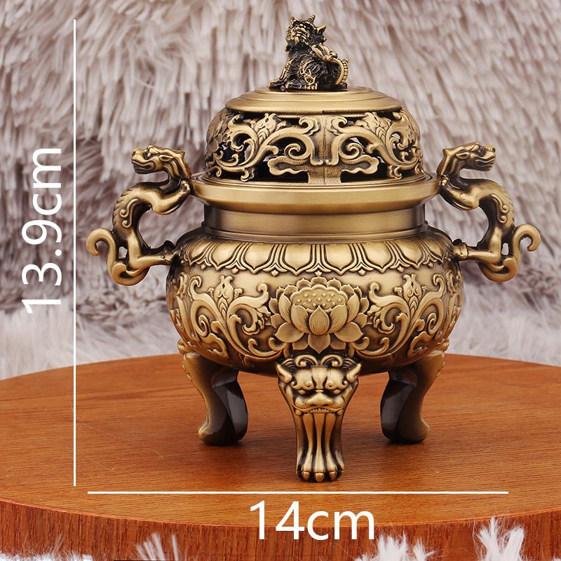 Brass Beast Head Covered Indoor Buddhist Hall Tea Ceremony Sandalwood Three-Legged Incense Burner Antique Metal Ornament Craft_maomaolike.com