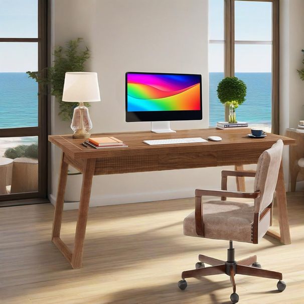 Home Office Executive Desk: 55 Inches Wooden Computer Desk With Drawer, Mid-Century Modern Study Writing Table_maomaolike.com