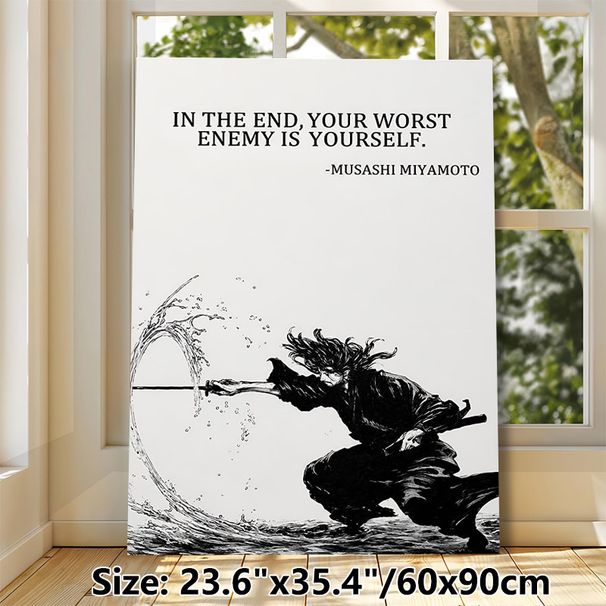 Miyamoto Musashi Samurai Quote Painting Poster, Monochrome Ink-wash Style Sword-wielding Samurai Poster, Inspirational Motivational Quote Wall Decor_maomaolike.com