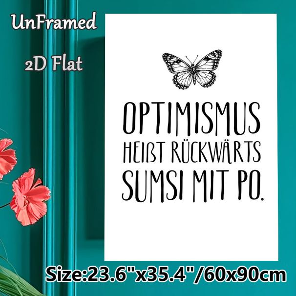 Butterfly & Optimism Quote Painting Poster, Minimalist Black & White Hand-drawn Butterfly With German Typography Poster, Inspirational Wall Decor_maomaolike.com