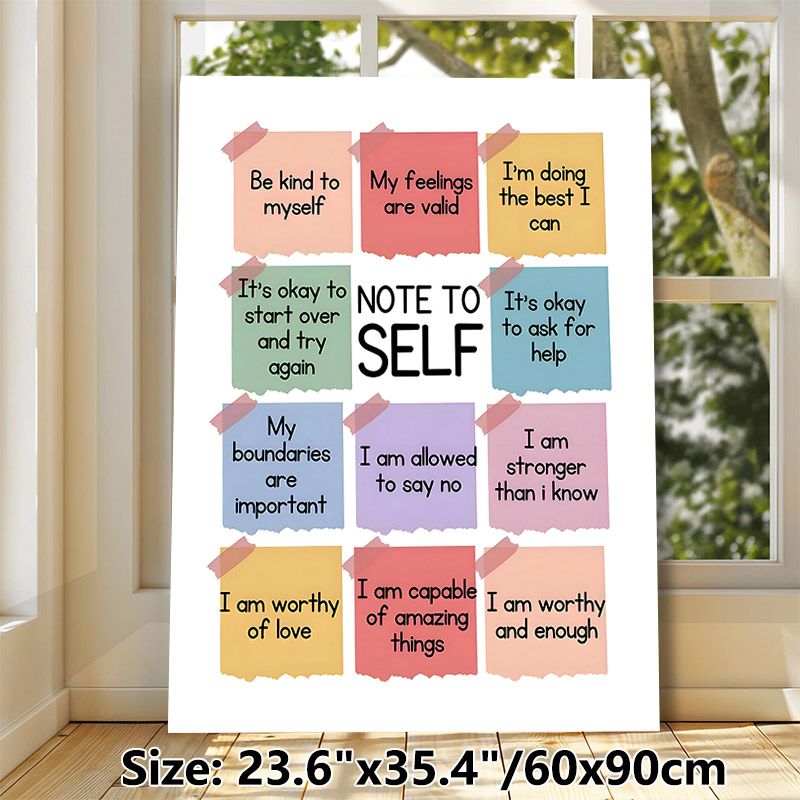 Note To Self Motivational Painting Poster, Soft-colored Sticky Note Style Text Art Poster, Features Warm Self-care Affirmations, Ideal For Bedroom_maomaolike.com