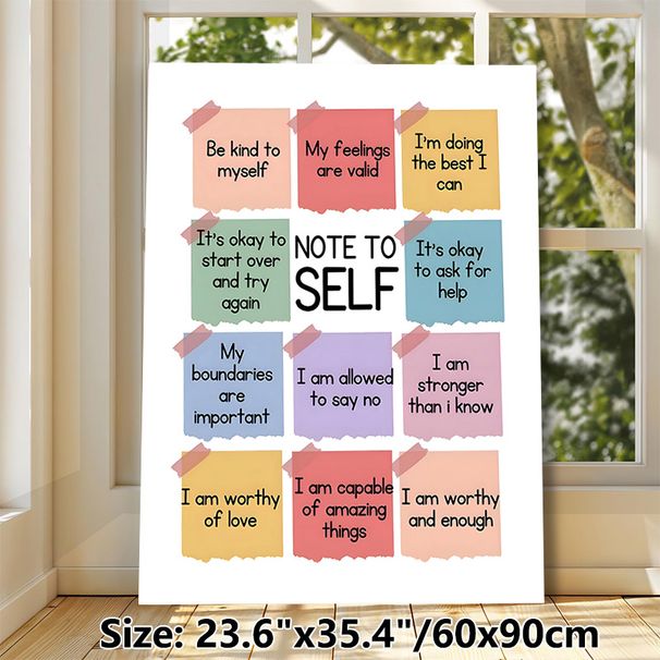 Note To Self Motivational Painting Poster, Soft-colored Sticky Note Style Text Art Poster, Features Warm Self-care Affirmations, Ideal For Bedroom_maomaolike.com