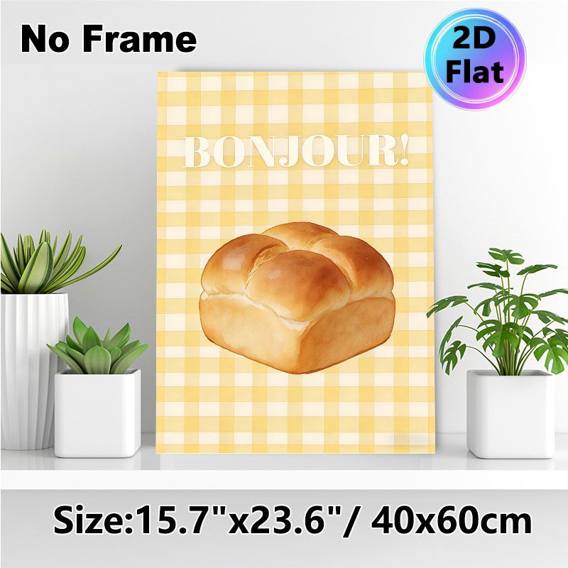 French Bread Themed Painting Poster, Warm Watercolor Style Poster, Plump Bread With Yellow Gingham Background And "Bonjour!" Text, Adds Cozy Warm_maomaolike.com