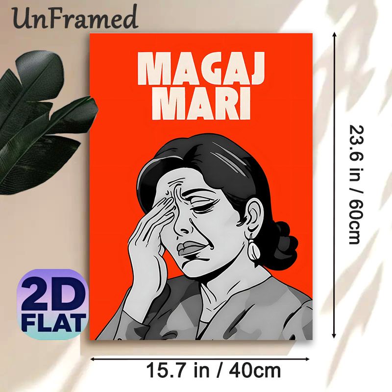 "MAGAJ MARI" Typographic Figure Painting Poster, Vibrant Retro Comic Style Poster, Bold Orange Background With Monochrome Weary Figure, Eye-catching_maomaolike.com