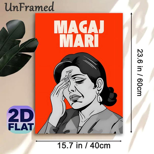"MAGAJ MARI" Typographic Figure Painting Poster, Vibrant Retro Comic Style Poster, Bold Orange Background With Monochrome Weary Figure, Eye-catching_maomaolike.com