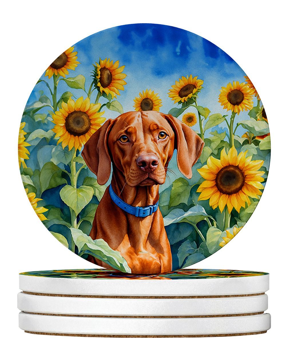 Vizsla In Sunflowers Large Sandstone Coasters Pack Of 4 Absorbent Round Coasters Decor Gifts For Men Or Women, 4 In, Multicolor_maomaolike.com