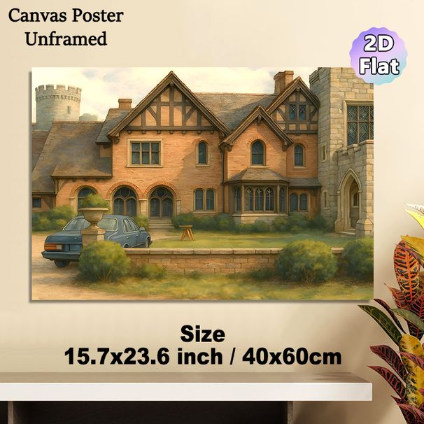 Vintage English Manor Painting Poster, Warm-toned Watercolor-style Classic Manor With Vintage Car Poster, Brings Nostalgic Rural Charm, Ideal Decor_maomaolike.com