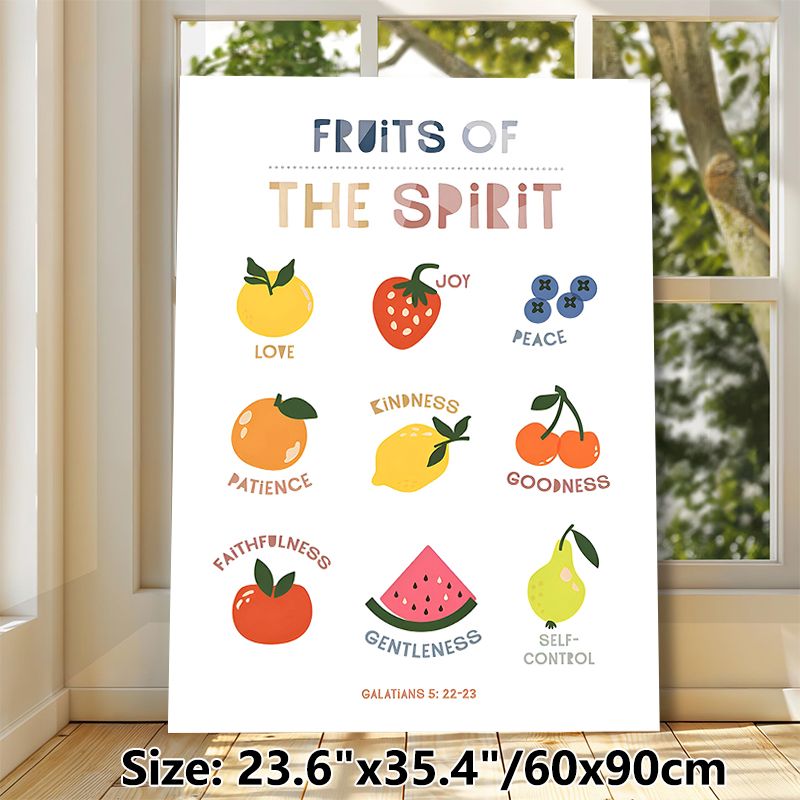 Fruits Of The Spirit Painting Poster, Cute Cartoon Fruit & Inspirational Text Poster, Warm Uplifting Design Ideal For Home, Living Room & Spiritual_maomaolike.com