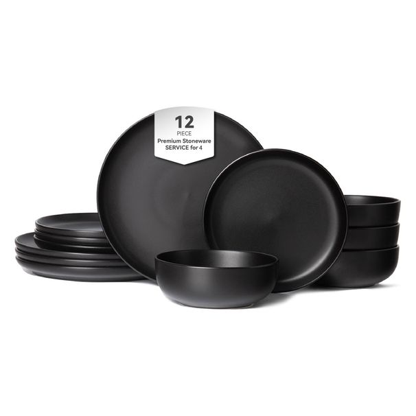 12-Piece Stoneware Dinner Plates Bowls Sets | Microwave & Dishwasher Safe | Non-Toxic Dinner Plates Bowls Set | Stackable Matte Glaze Kitchenware For 4_maomaolike.com