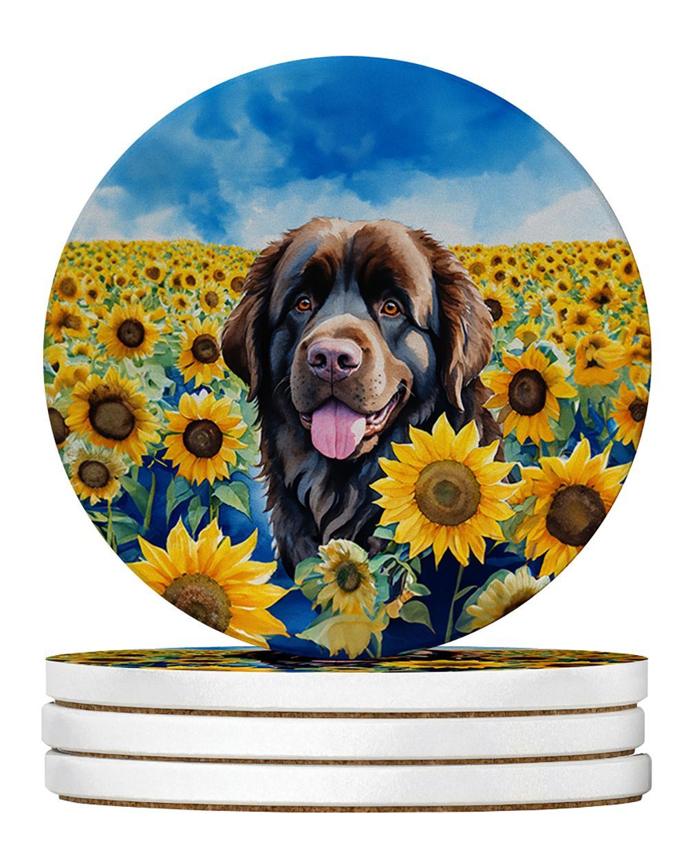 Newfoundland In Sunflowers Large Sandstone Coasters Pack Of 4 Absorbent Round Coasters Decor Gifts For Men Or Women, 4 In, Multicolor_maomaolike.com