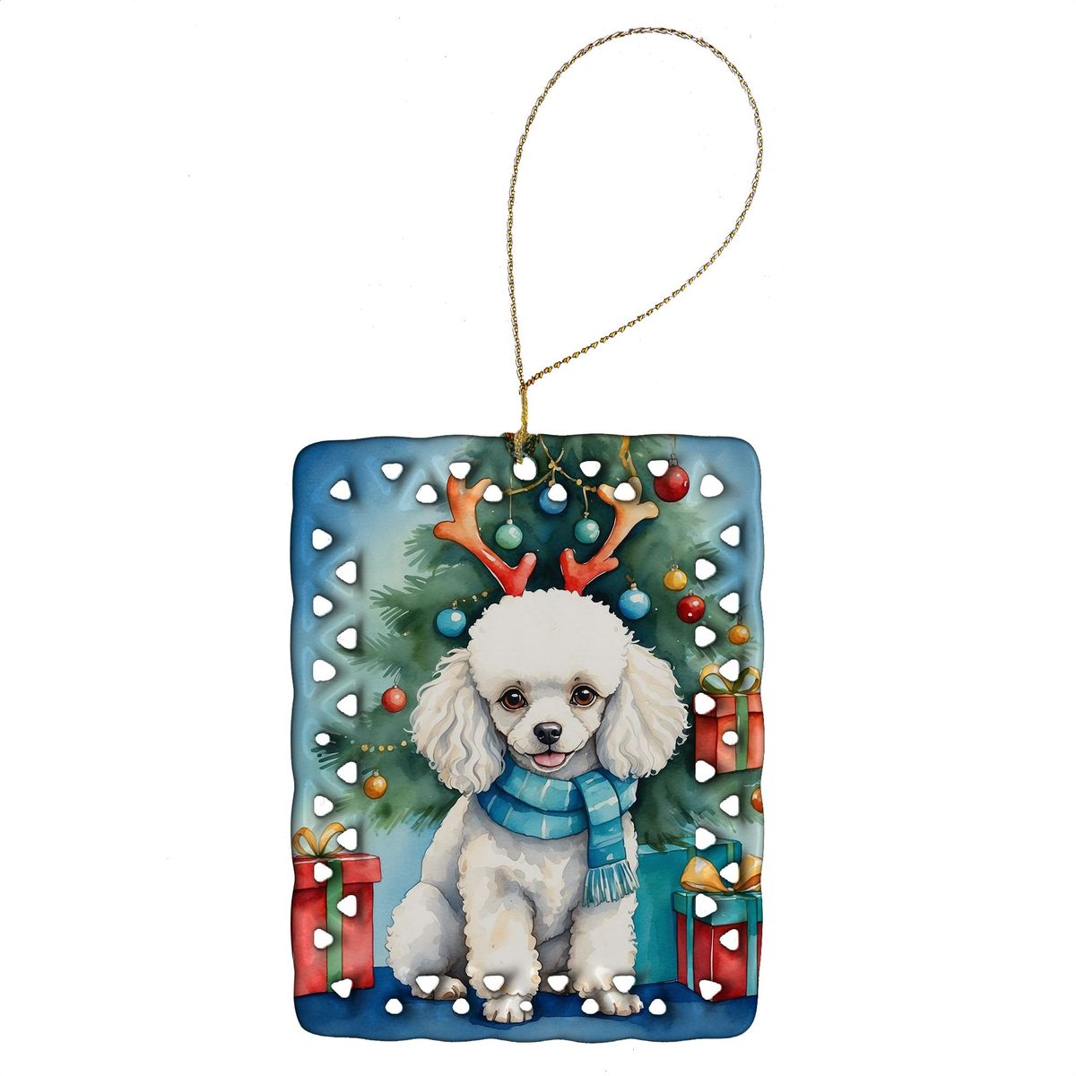 White Toy Poodle Christmas Reindeer Porcelain Ornament Christmas Tree Hanging Decorations For Home Christmas Holiday, Rectangle, Gift, Multicolor_maomaolike.com