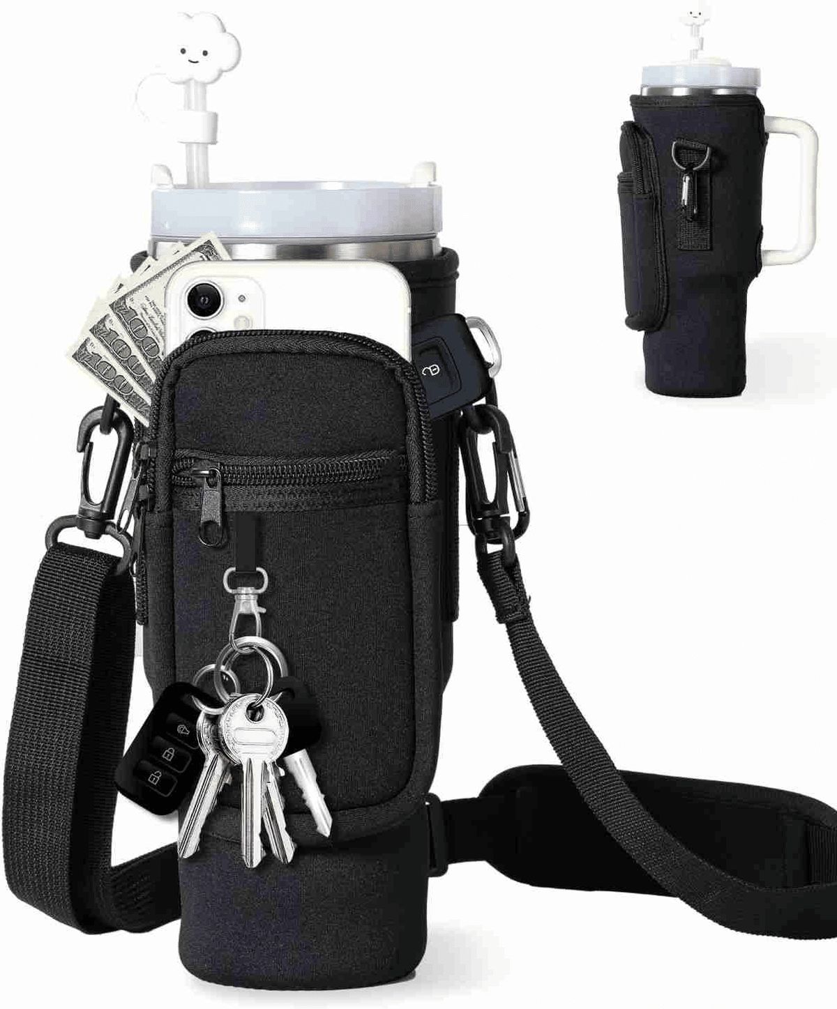 Water Bottle Carrier Bag With Phone Pocket For Stanley Tumbler Neoprene Water Bottle Holder Pouch With Adjustable Strap Bollus With Straw Cover & Carabiner For Stanley Cup Accessories_maomaolike.com