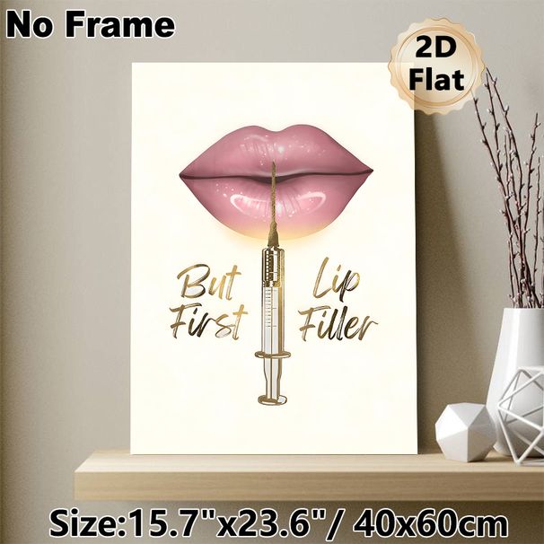 Lip Filler Themed Painting Poster, Glamorous Glossy Pink Lips & Gold Syringe Poster, Stylish Makeup-inspired Decor Suitable For Beauty Salon, Bedroom_maomaolike.com