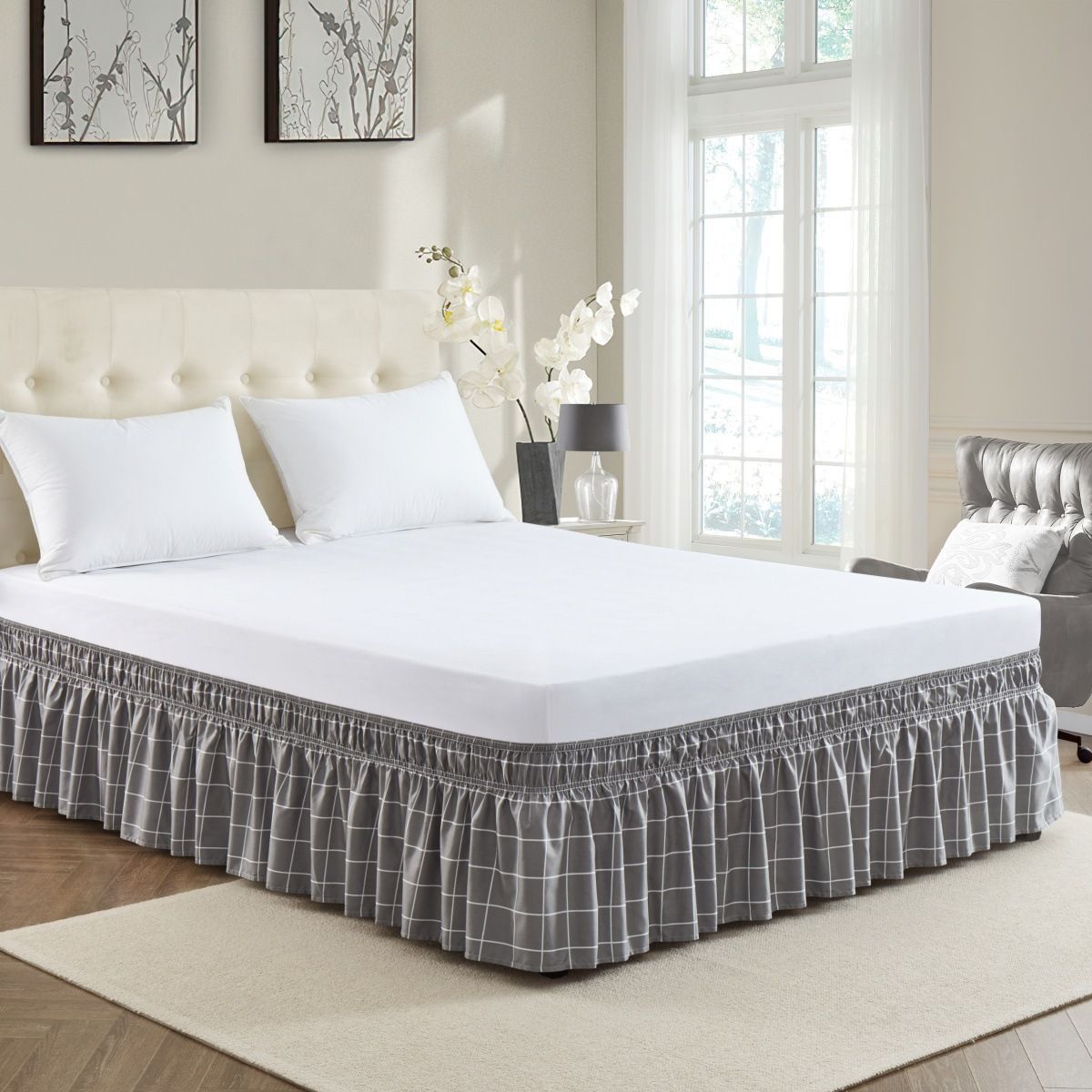 Gray And White Plaid Single Piece Elastic Pleated Bed Apron Hotel Linen Bedside Skirt_maomaolike.com