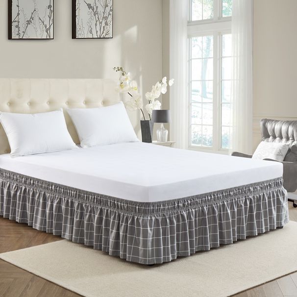 Gray And White Plaid Single Piece Elastic Pleated Bed Apron Hotel Linen Bedside Skirt_maomaolike.com