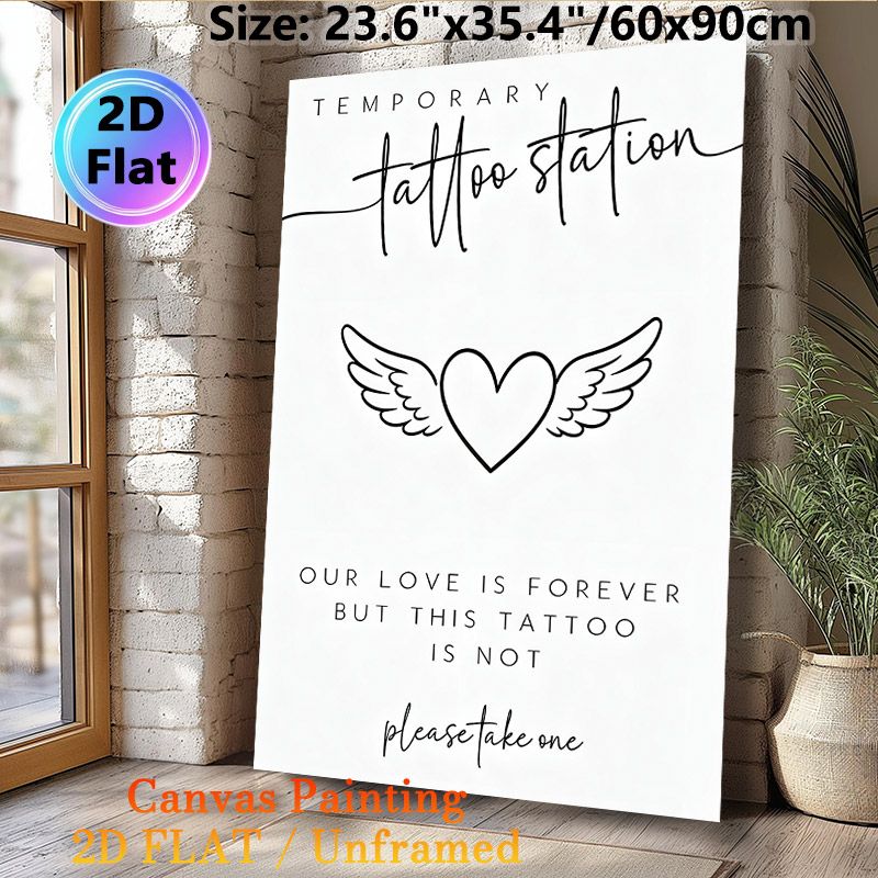 Temporary Tattoo Station Painting Poster, Minimalist Black & White Winged Heart Poster, Love-themed Decorative Sign Suitable For Wedding Receptions_maomaolike.com