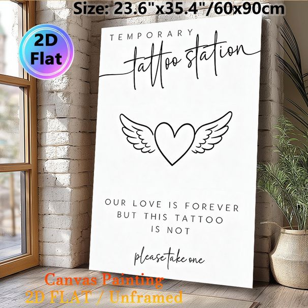 Temporary Tattoo Station Painting Poster, Minimalist Black & White Winged Heart Poster, Love-themed Decorative Sign Suitable For Wedding Receptions_maomaolike.com
