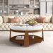 Modern Large Round Ottoman Coffee Table 2-Tier Oversized Button Tufted Ottoman With Wood Shelf Storage Upholstered Coffee Table For Living Room Footrest Ottoman With Wheel, Waterproof Linen_maomaolike.com