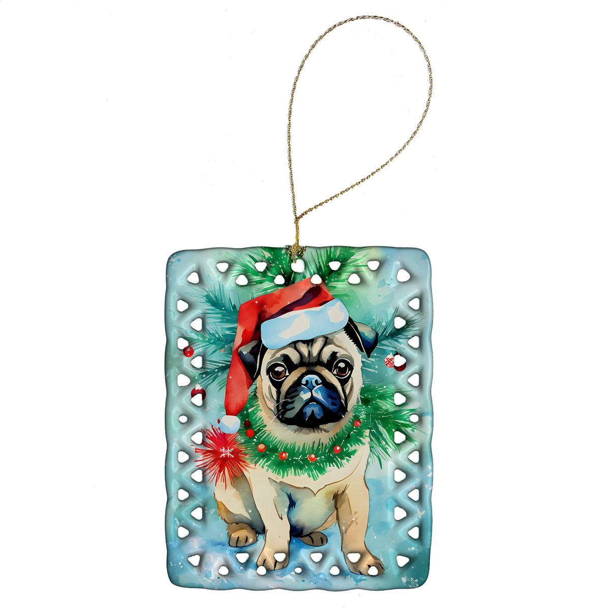 Pug Christmas Porcelain Ornament Christmas Tree Hanging Decorations For Home Christmas Holiday, Rectangle, Gift, Multicolor_maomaolike.com