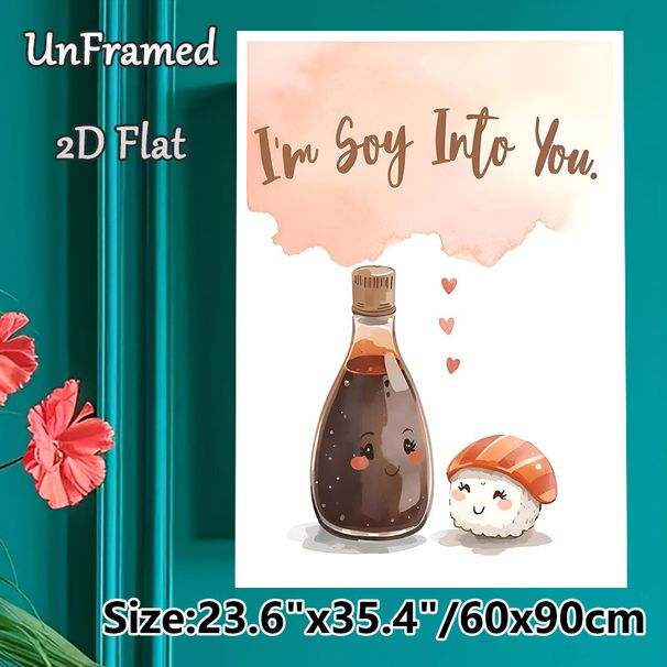 Sushi & Soy Sauce Pun Painting Poster, Cute Watercolor Cartoon-style Poster, Warm Playful Design With Sweet "I'm Soy Into You" Pun, Perfect For_maomaolike.com