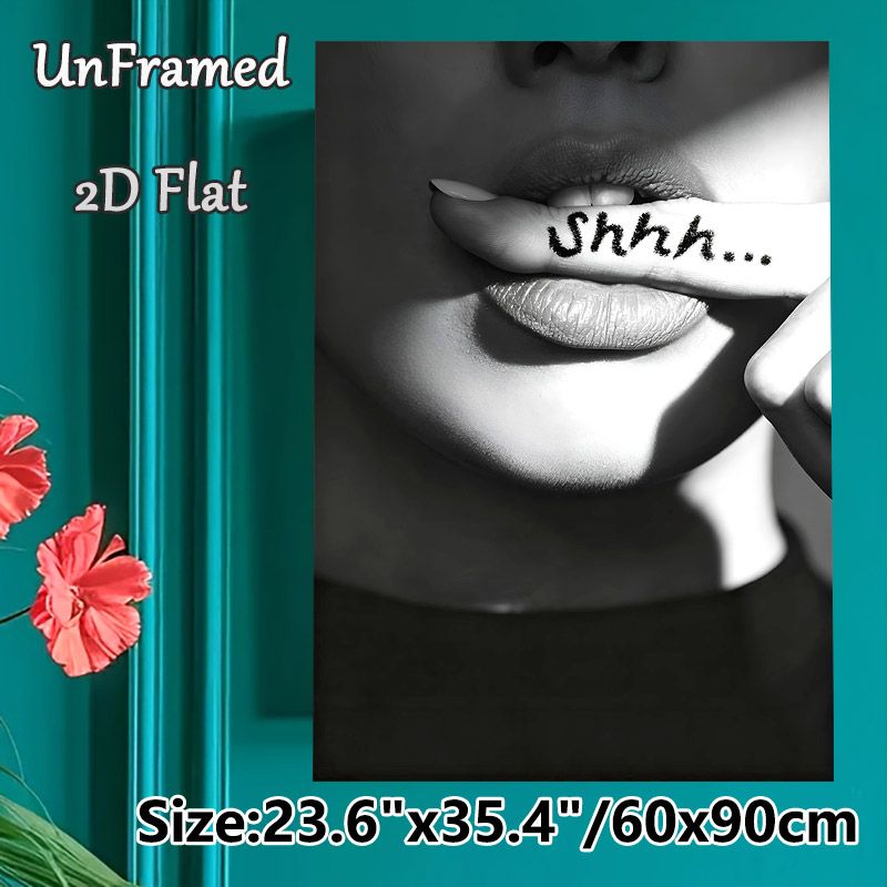 Shhh Silent Gesture Painting Poster, Monochrome Close-Up Lip & Finger Poster, Intriguing Stylish Decor Suitable For Bedroom, Living Room And Modern_maomaolike.com