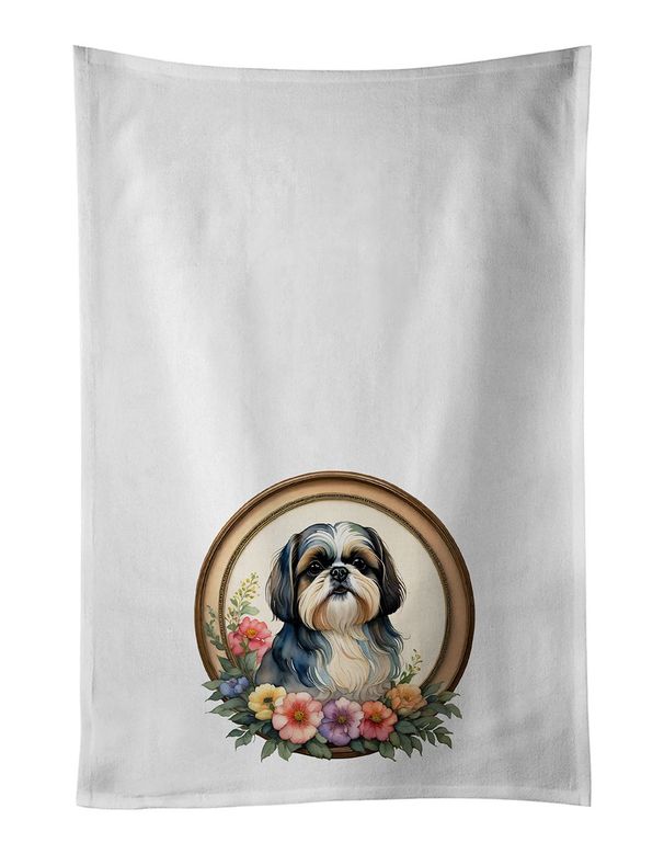 Shih Tzu And Flowers Kitchen Towel Set Of 2 White Dish Towels Decorative Bathroom Hand Towel For Hand, Face, Hair, Yoga, Tea, Dishcloth, 19 X 28", White_maomaolike.com