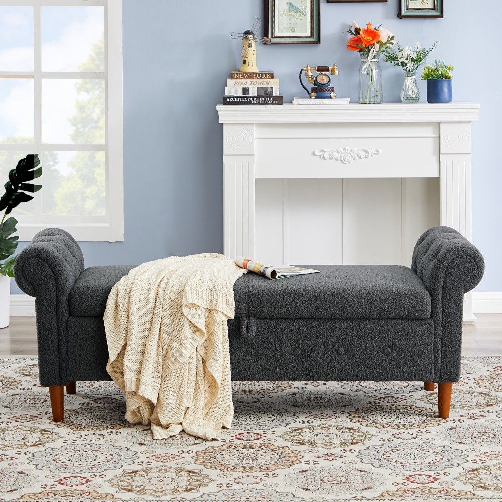 Grey Teddy Velvet Multifunctional Storage Rectangular Sofa Stool_maomaolike.com