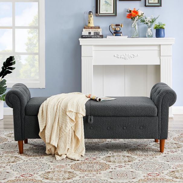 Grey Teddy Velvet Multifunctional Storage Rectangular Sofa Stool_maomaolike.com