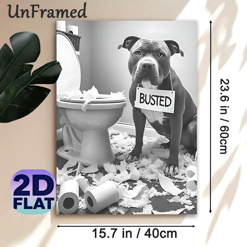 Naughty Dog Themed Painting Poster, Monochrome Humorous Dog Mischief Scene Poster, Playful Relatable Design Ideal For Bathroom And Home Wall Decor_maomaolike.com