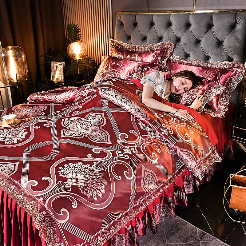 European Satin Luxury Jacquard High-end Bed Skirt Four-piece Set Lace Bedspread Nordic Style Duvet Cover Bedding Wholesale_maomaolike.com