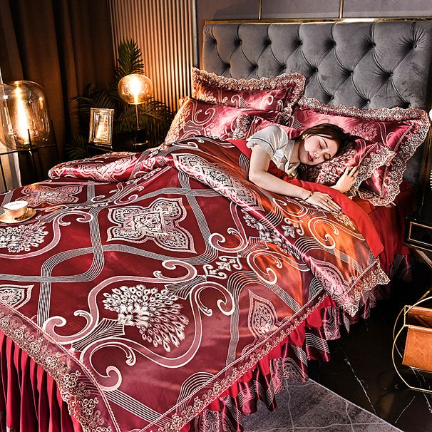 European Satin Luxury Jacquard High-end Bed Skirt Four-piece Set Lace Bedspread Nordic Style Duvet Cover Bedding Wholesale_maomaolike.com