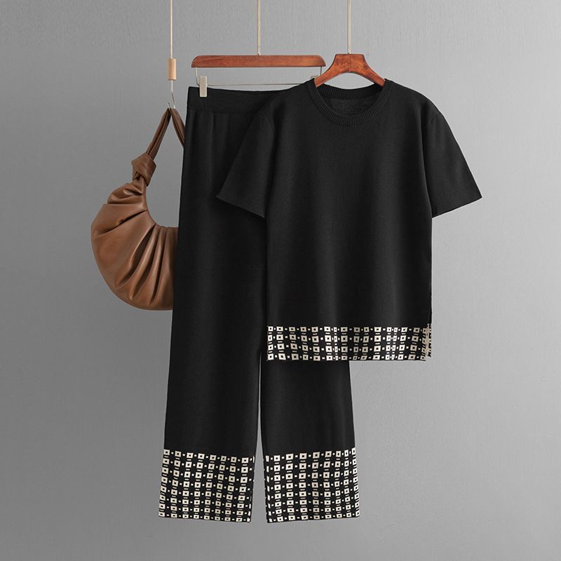 Women's Clothing summer new simple fashion round neck solid color short-sleeved top + trousers contrast edge knitted two-piece set_maomaolike.com