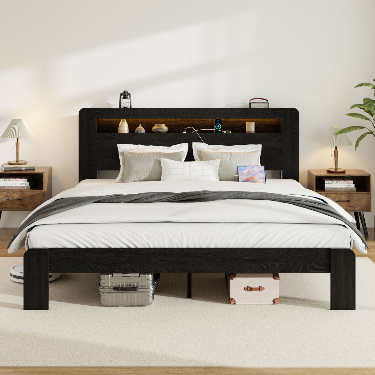 Bed Frame King Size, Wood Platform Bed Frame With Storage LED Light Headboard And 2 USB , Noise Free,No Box Spring Needed And Easy Assembly Tool,Large Under Bed Storage,Dark Black_maomaolike.com
