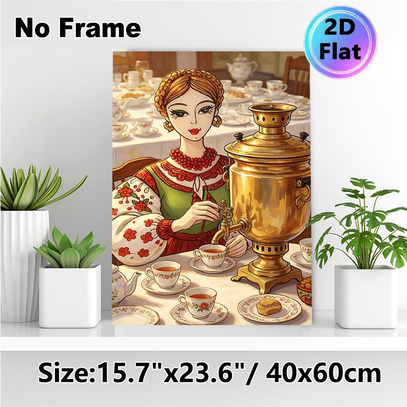 Traditional Tea Party Folk Lady Painting Poster, Vibrant Whimsical Illustrated Poster, Folk-attired Lady Pouring Tea From Golden Samovar, Warm_maomaolike.com