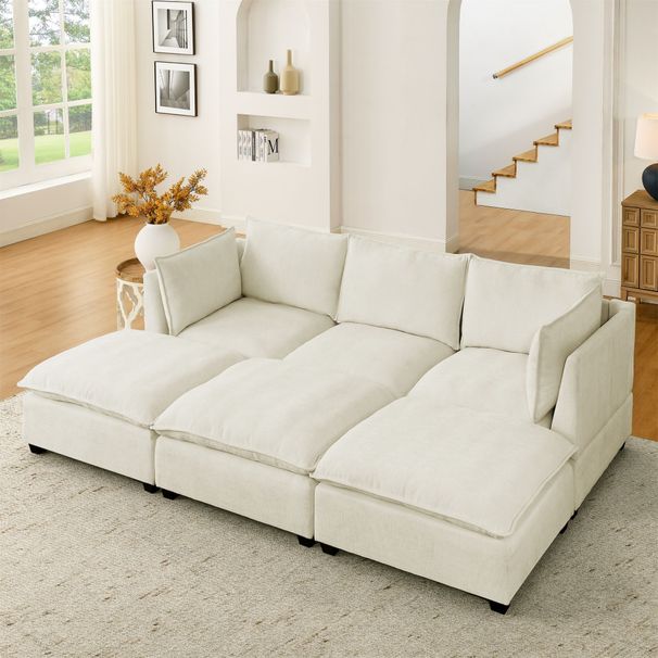 Comfy Cloud Couch Sectional 3 Seat Sofa With 2 Ottoman, Chenille Sofa Sleeper Deep Seat Sofa With Throw Pillows For Living Room(Beige White)_maomaolike.com