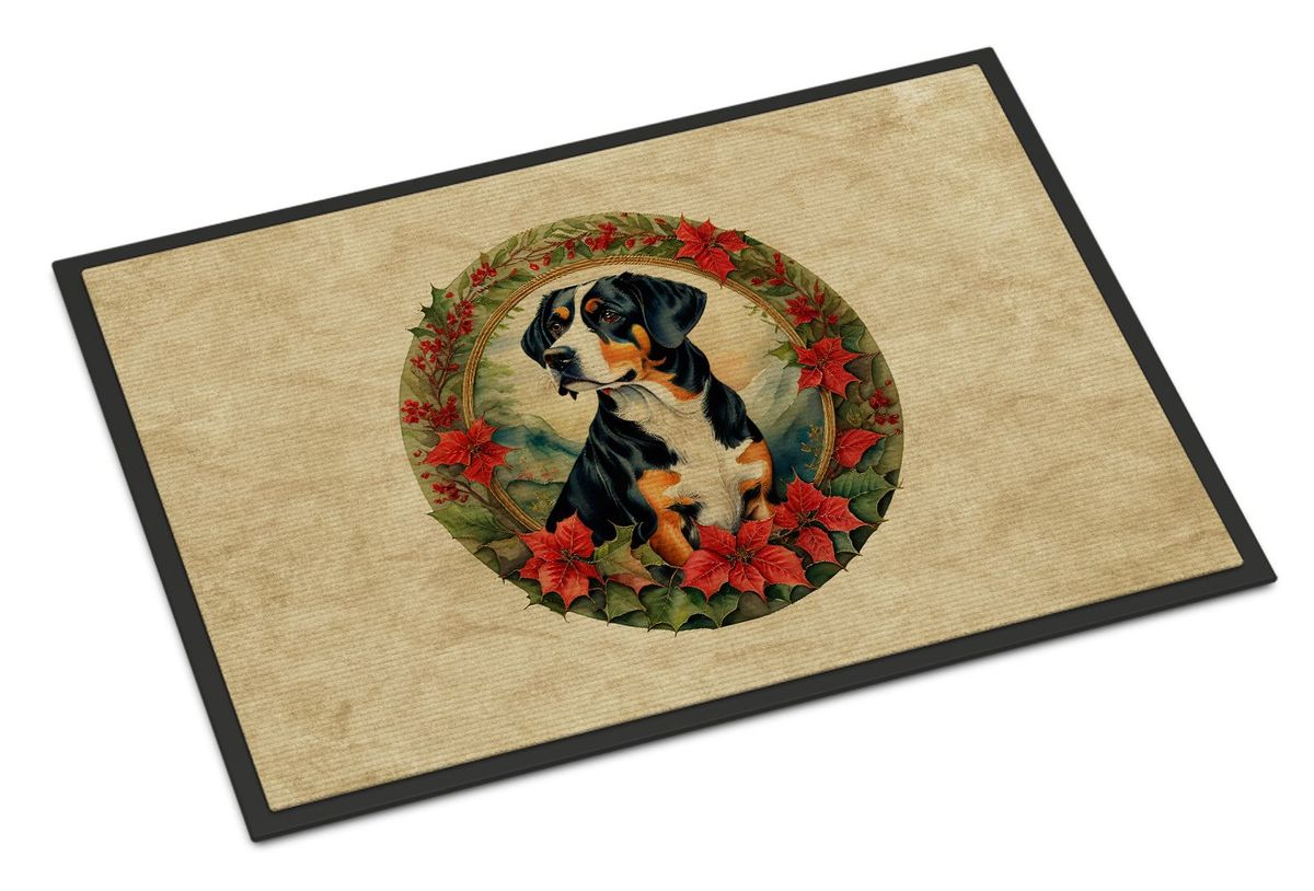 Entlebucher Mountain Dog Christmas Flowers Doormat Front Door Mat Indoor Outdoor Rugs For Entryway, Non Slip Washable Low Pile, 24H X 36W_maomaolike.com