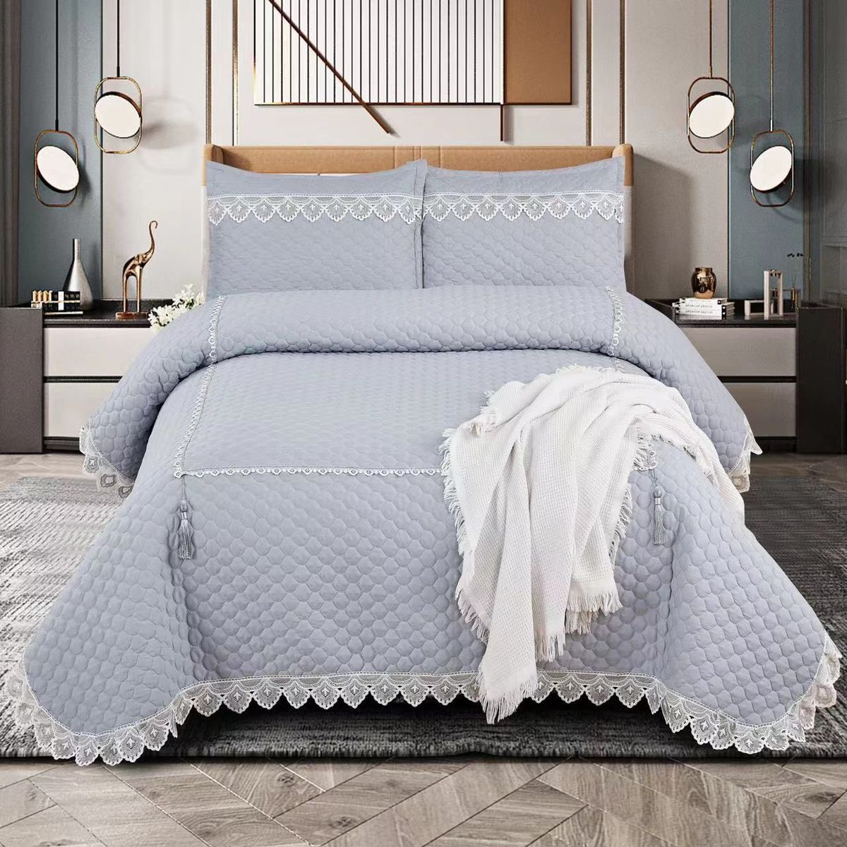 5pcs Big Lace Edge European Noble Bedding Set, Tassel Pendant ,Bamboo Fiber Bedspread Set_maomaolike.com
