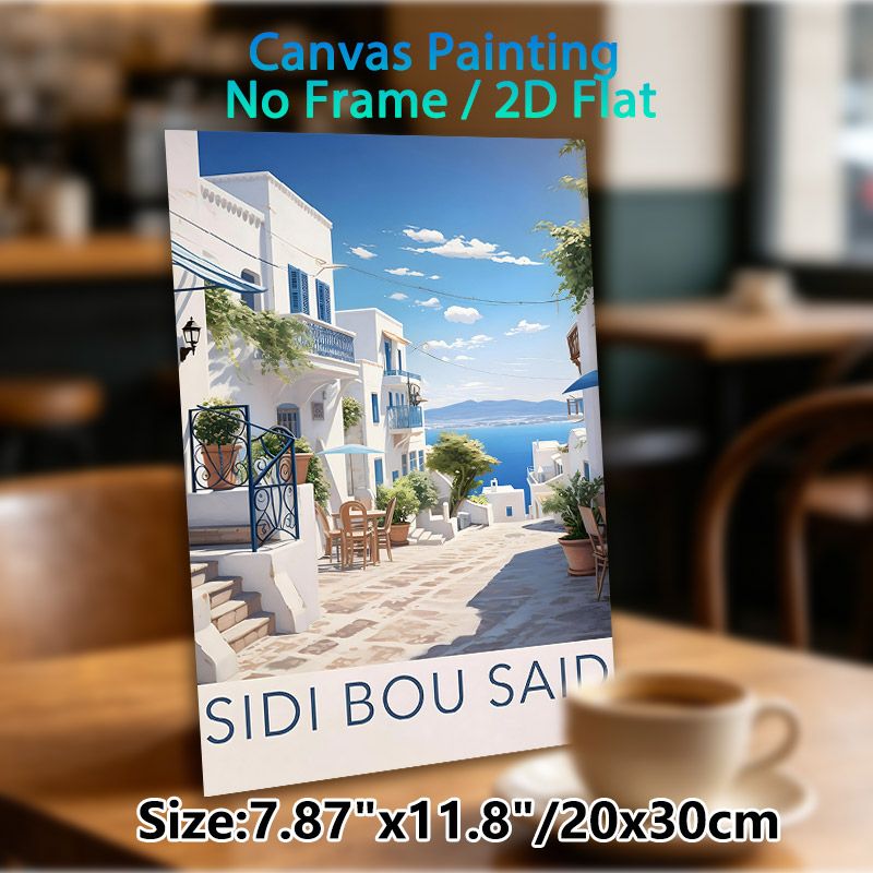 Sidi Bou Said Coastal Town Painting Poster, Soft-hued Mediterranean Seaside Town Scene Poster, Serene Scenic Artwork Ideal For Living Room, Bedroom_maomaolike.com
