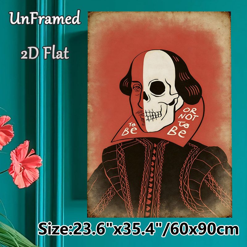 Shakespeare Skull Themed Painting Poster, Vintage Dark Art Illustration Poster, Iconic Literary Quote Design, Suitable For Home Study, Library And_maomaolike.com