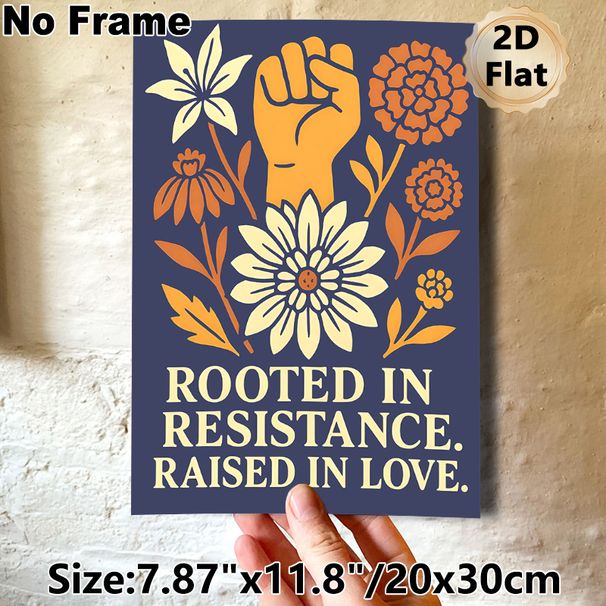 Resistance & Love Themed Painting Poster, Warm-toned Vintage Floral & Raised Fist Graphic Poster, Inspirational Quote Print For Home, Office Wall_maomaolike.com
