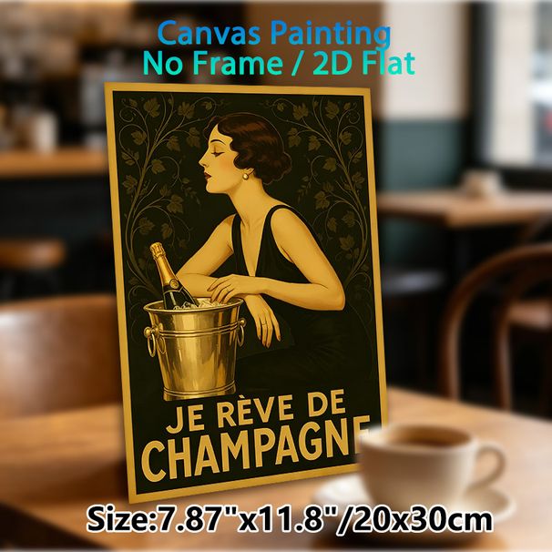 Champagne & Vintage Lady Painting Poster, Elegant Art Deco Style Poster, Retro Dark-toned Design With Graceful Lady And Champagne Bucket, Suitable For_maomaolike.com