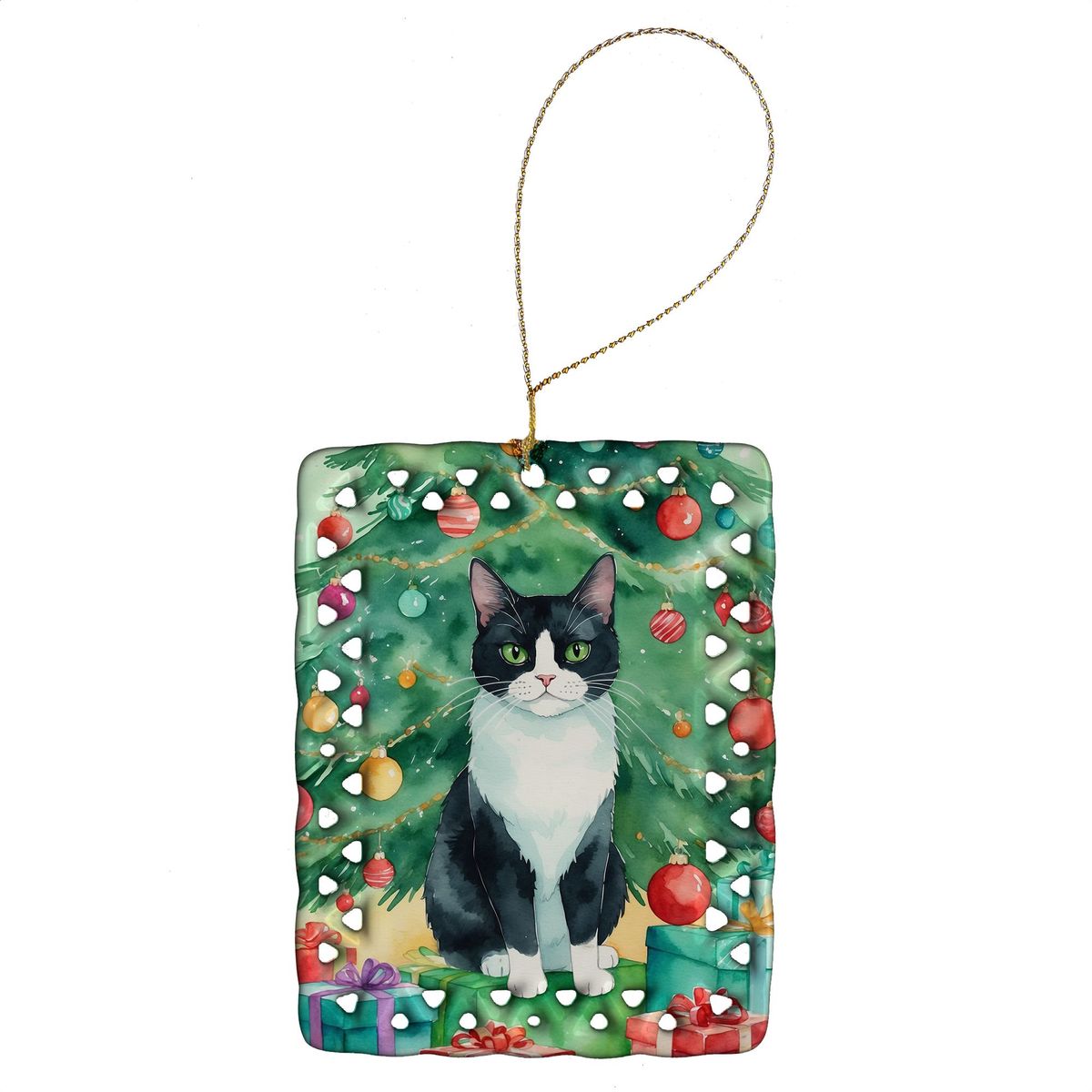 Chantilly Cat By The Christmas Tree Porcelain Ornament Christmas Tree Hanging Decorations For Home Christmas Holiday, Rectangle, Gift, Multicolor_maomaolike.com