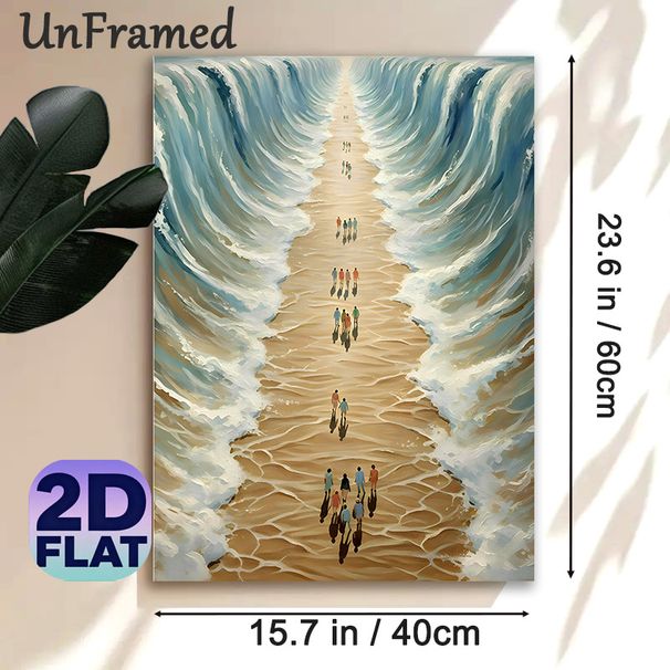 Surreal Parting Sea & Walking Crowd Painting Poster, Textured Brushstroke Surreal Scene Poster, Unique Artistic Decor Ideal For Living Room, Office_maomaolike.com