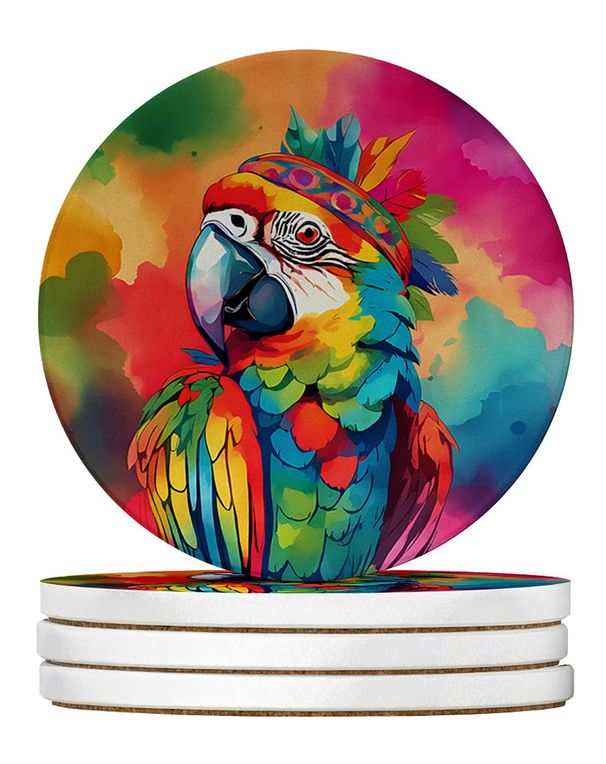 Hippie Animal Parrot Large Sandstone Coasters Pack Of 4 Absorbent Round Coasters Decor Gifts For Men Or Women, 4 In, Multicolor_maomaolike.com