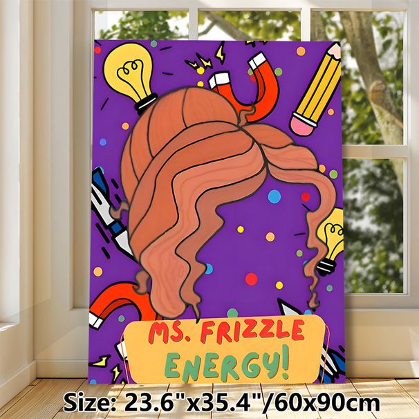 Ms. Frizzle Energy Themed Painting Poster, Vibrant Cartoon-style Educational Art Poster, Lively Design With Stationery & Science Motifs, Suitable For_maomaolike.com