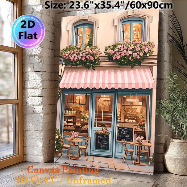 French Café Themed Painting Poster, Warm-toned Cozy European Street Style Poster, Inviting Floral Café Storefront Design, Ideal For Living Room, Café_maomaolike.com